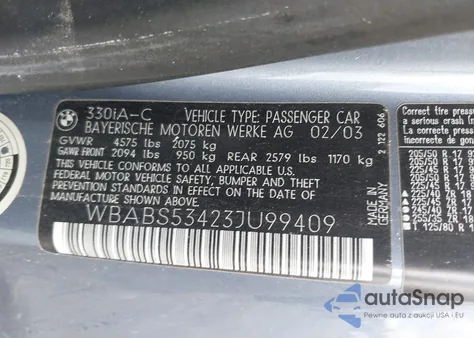 2003 BMW 330 from USA, damaged, VIN WBABS53423JU99409